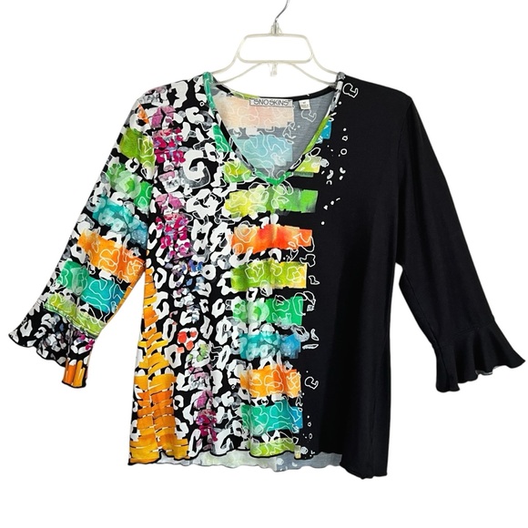 Snoskins Tops - Snoskins Art To Wear Ruffle Sleeve Top M Abstract Unique Stretch Resortwear